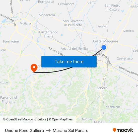 Unione Reno Galliera to Marano Sul Panaro map
