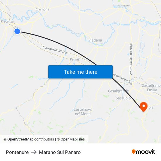 Pontenure to Marano Sul Panaro map
