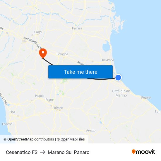 Cesenatico FS to Marano Sul Panaro map