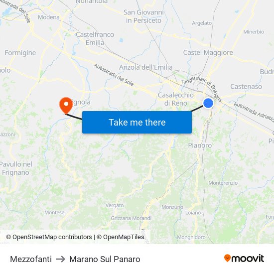Mezzofanti to Marano Sul Panaro map