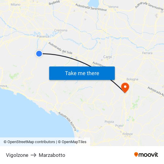Vigolzone to Marzabotto map