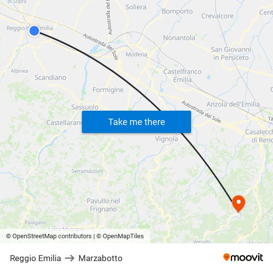 Reggio Emilia to Marzabotto map
