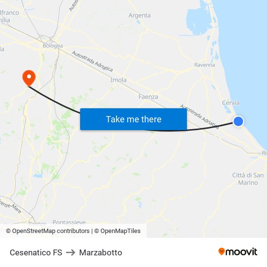 Cesenatico FS to Marzabotto map