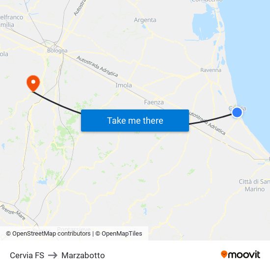 Cervia FS to Marzabotto map