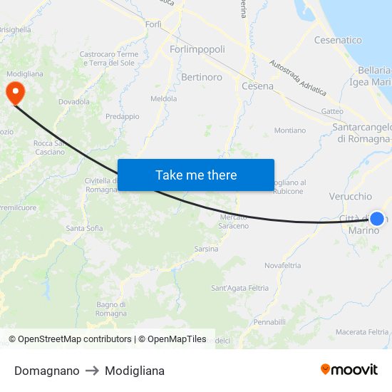 Domagnano to Modigliana map