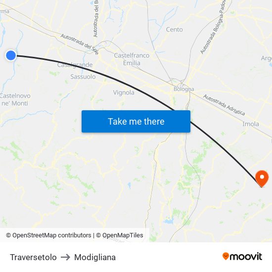 Traversetolo to Modigliana map