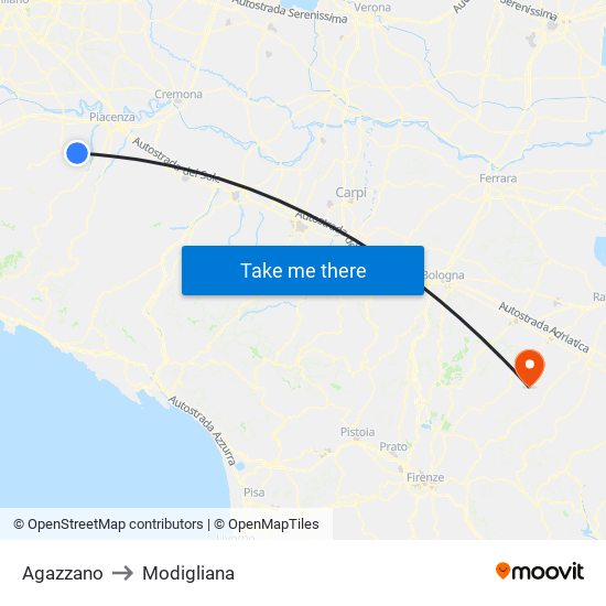 Agazzano to Modigliana map