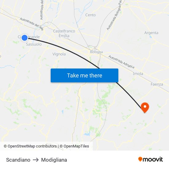 Scandiano to Modigliana map