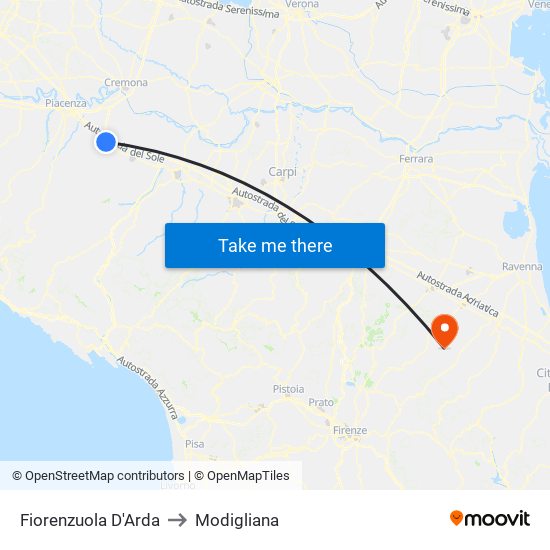 Fiorenzuola D'Arda to Modigliana map