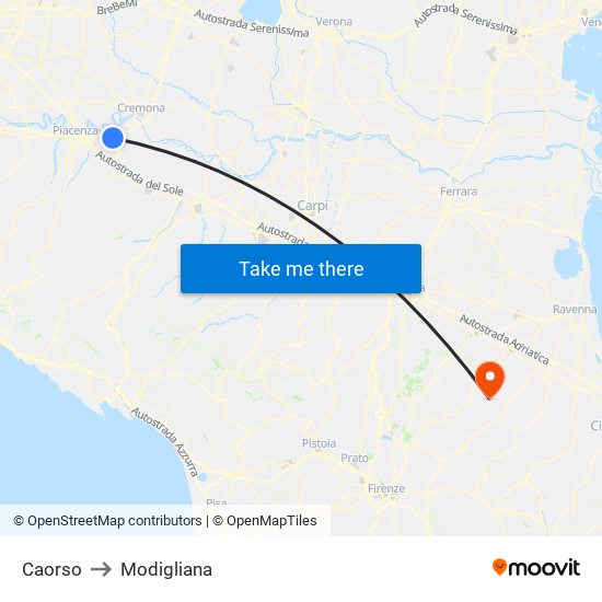 Caorso to Modigliana map