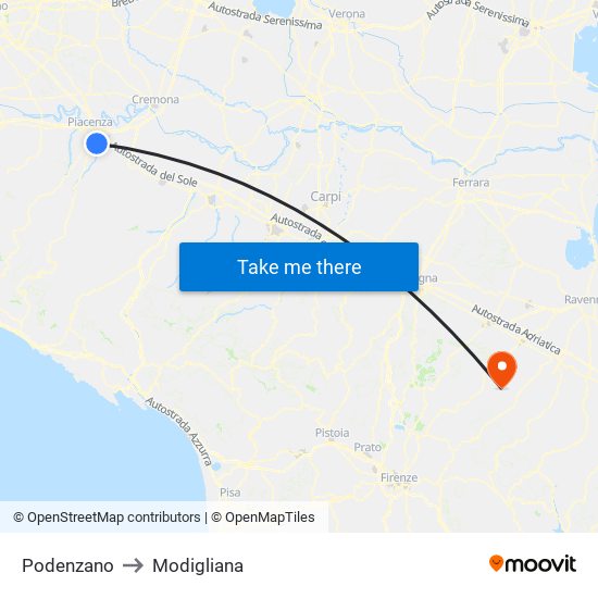 Podenzano to Modigliana map