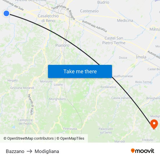 Bazzano to Modigliana map