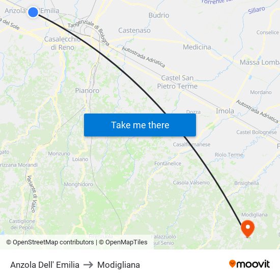 Anzola Dell' Emilia to Modigliana map