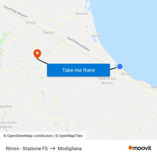 Rimini - Stazione FS to Modigliana map