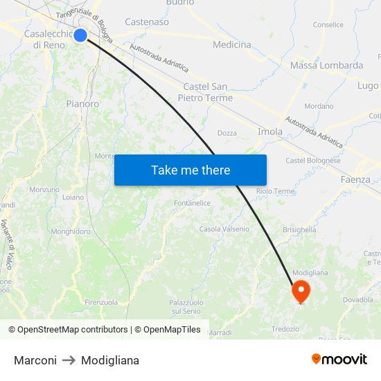 Marconi to Modigliana map