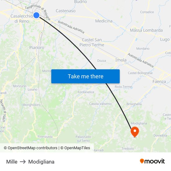 Mille to Modigliana map