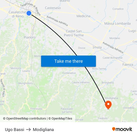 Ugo Bassi to Modigliana map