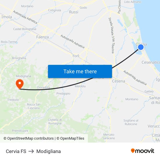 Cervia FS to Modigliana map