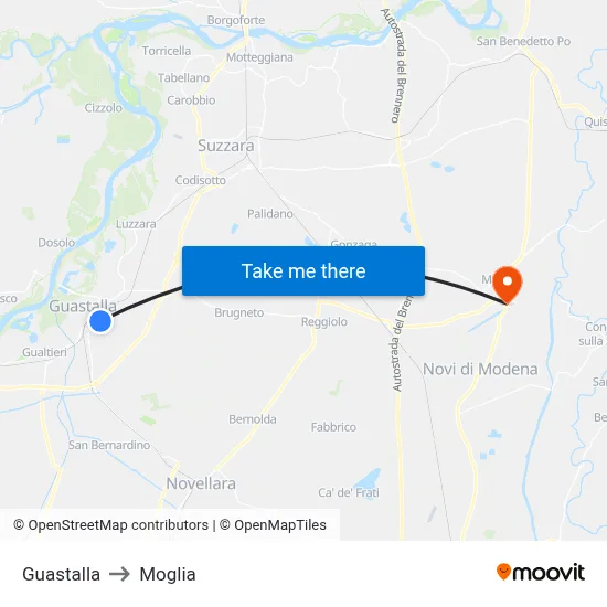 Guastalla to Moglia map