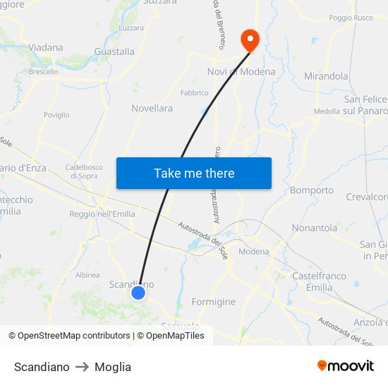 Scandiano to Moglia map