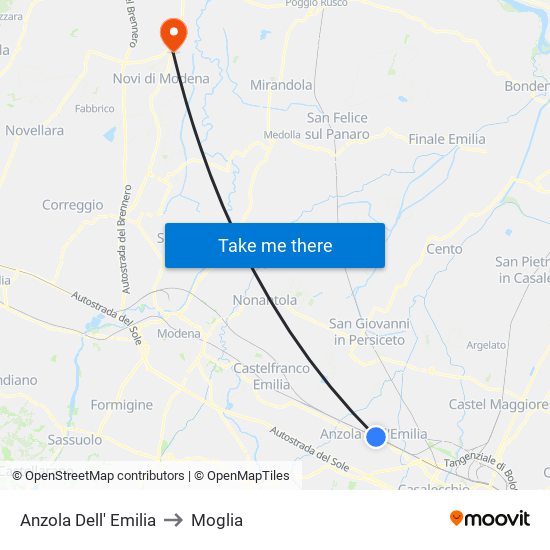 Anzola Dell' Emilia to Moglia map