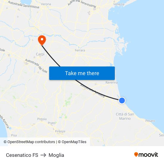 Cesenatico FS to Moglia map