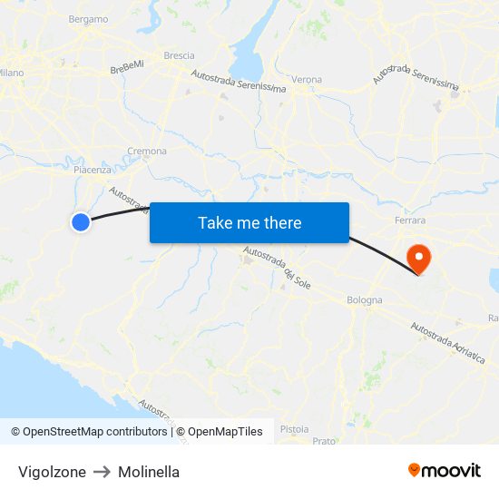 Vigolzone to Molinella map