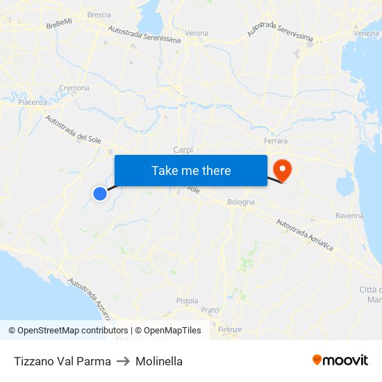 Tizzano Val Parma to Molinella map