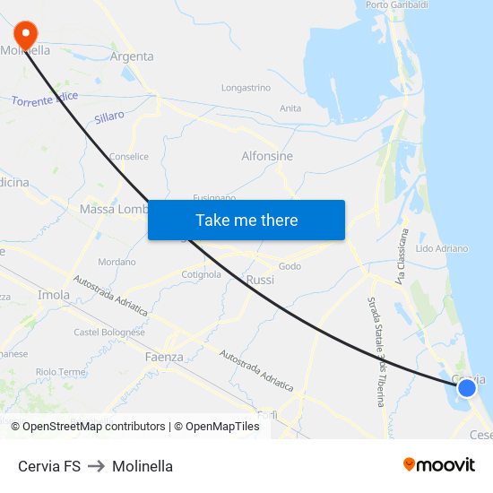 Cervia FS to Molinella map