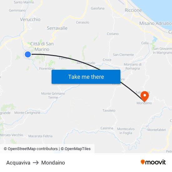 Acquaviva to Mondaino map