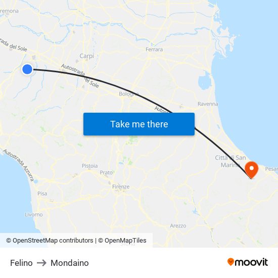 Felino to Mondaino map