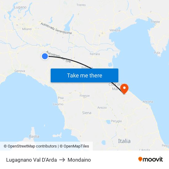 Lugagnano Val D'Arda to Mondaino map