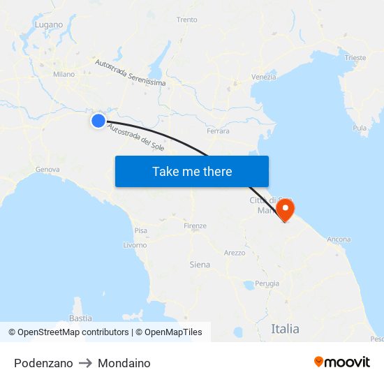 Podenzano to Mondaino map
