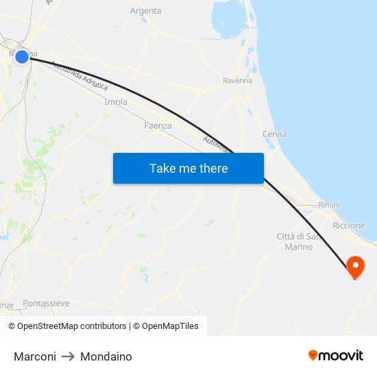 Marconi to Mondaino map