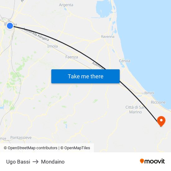 Ugo Bassi to Mondaino map