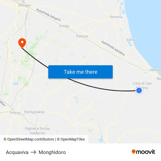 Acquaviva to Monghidoro map