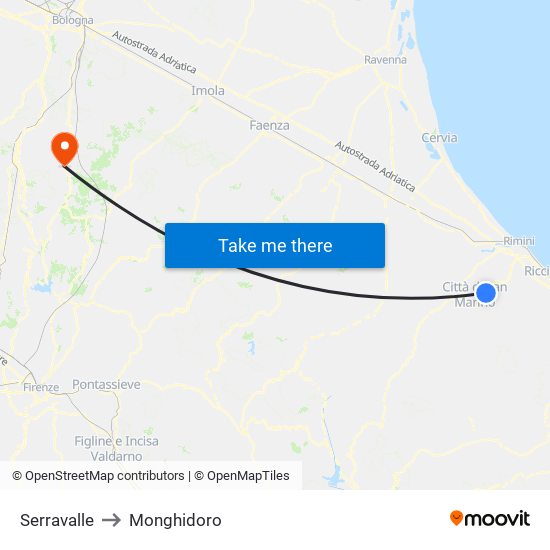 Serravalle to Monghidoro map