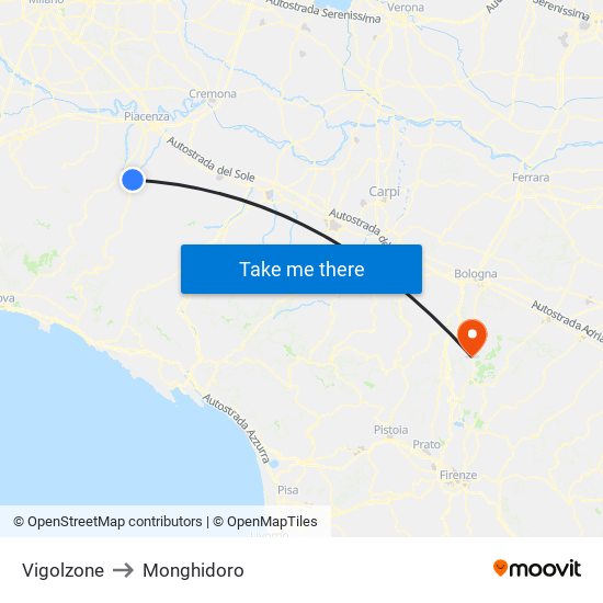 Vigolzone to Monghidoro map