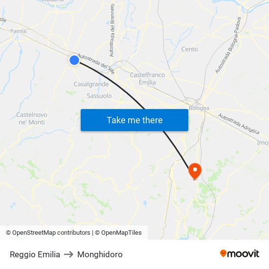 Reggio Emilia to Monghidoro map