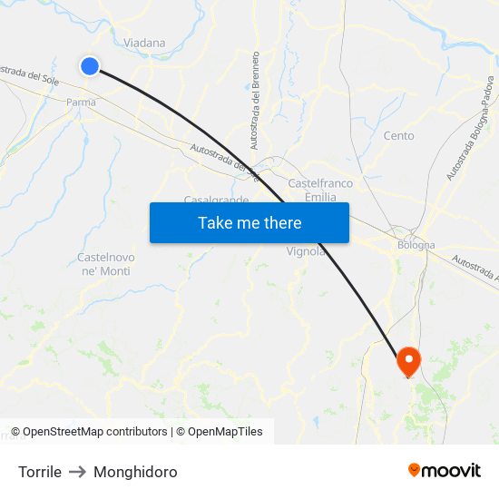 Torrile to Monghidoro map
