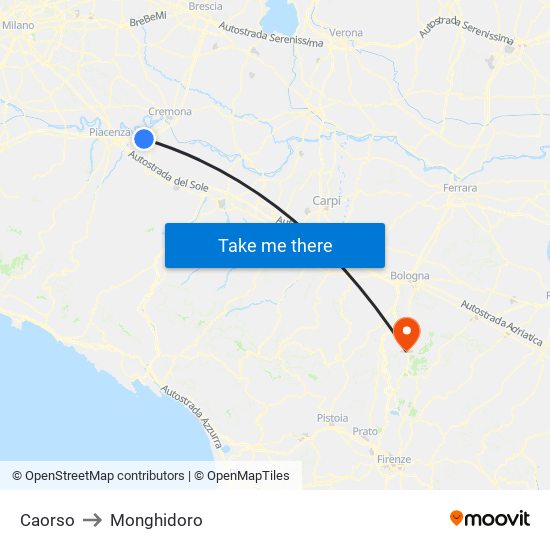 Caorso to Monghidoro map