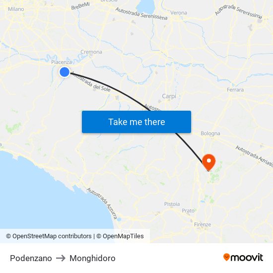 Podenzano to Monghidoro map