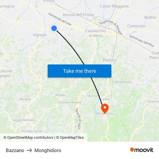 Bazzano to Monghidoro map