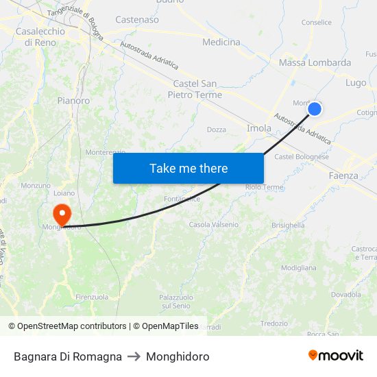 Bagnara Di Romagna to Monghidoro map