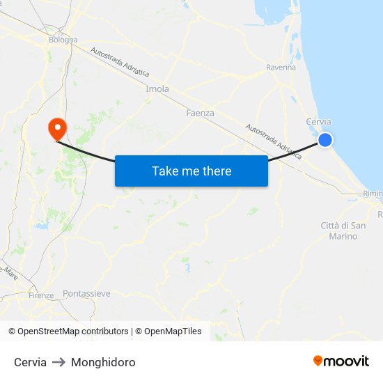 Cervia to Monghidoro map
