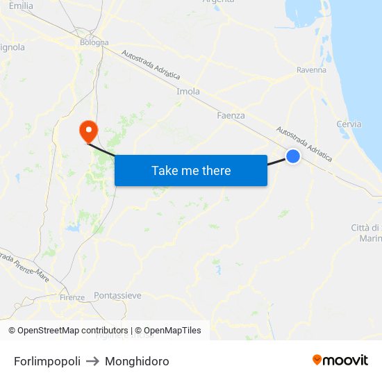 Forlimpopoli to Monghidoro map