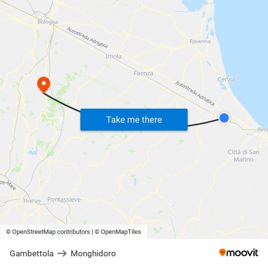 Gambettola to Monghidoro map