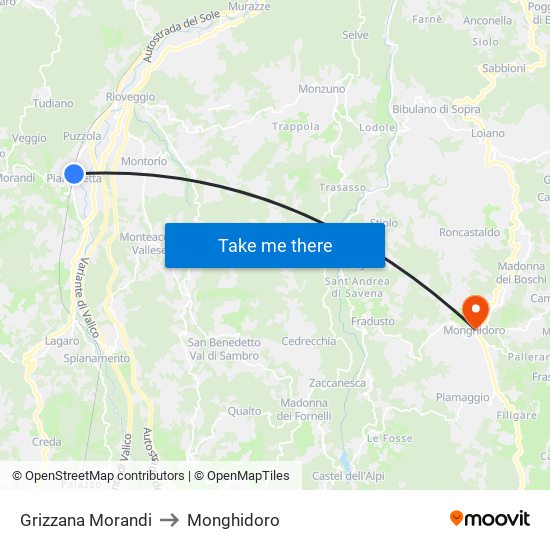 Grizzana Morandi to Monghidoro map
