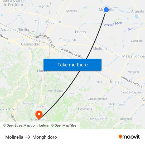 Molinella to Monghidoro map