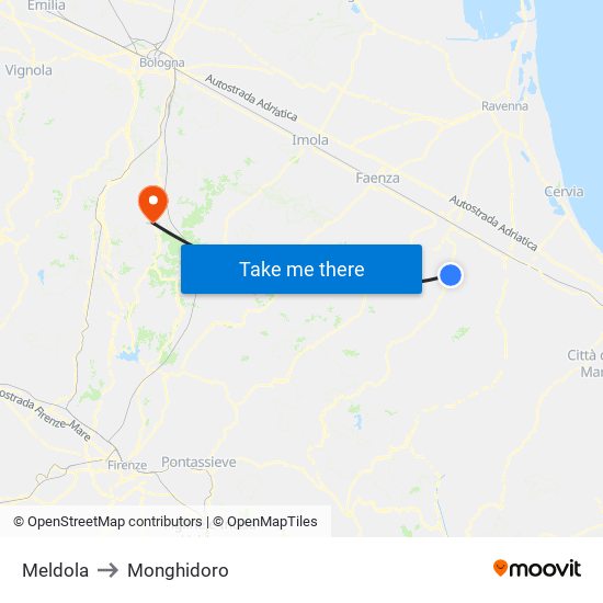 Meldola to Monghidoro map